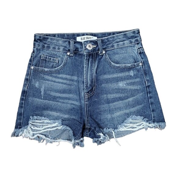 🏆137 Blue Savvy High Waist Distressed Jean Shorts - Picture 1 of 5